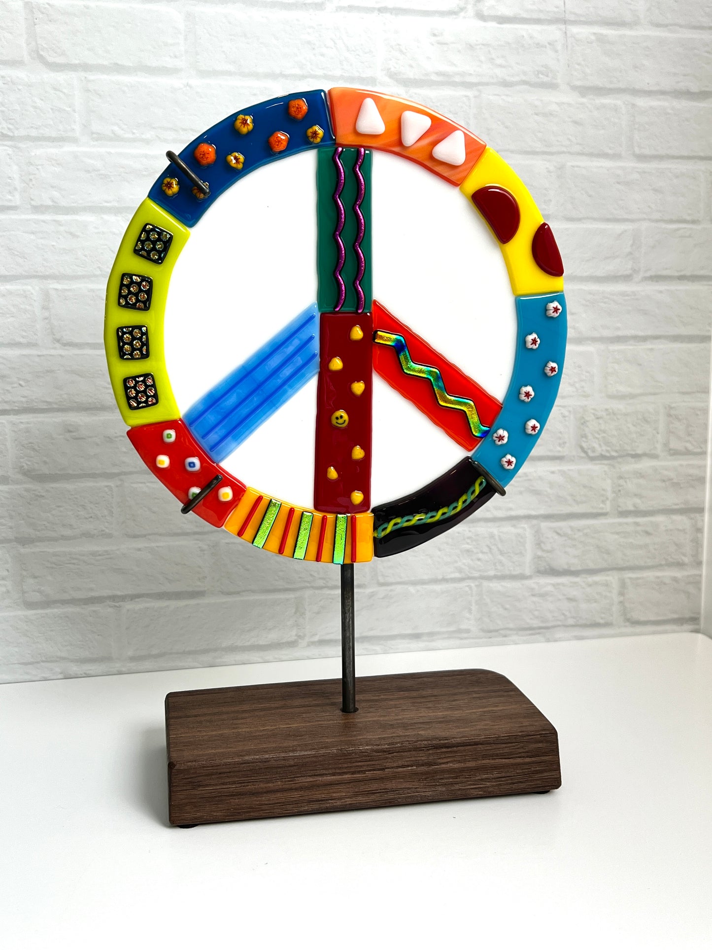 Art Glass Sculpture - Peace Sign on White