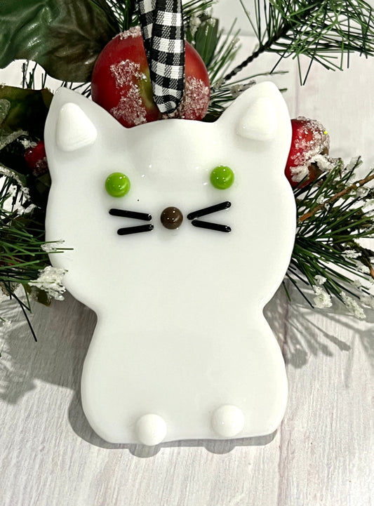 White Kitten Fused Glass Ornament